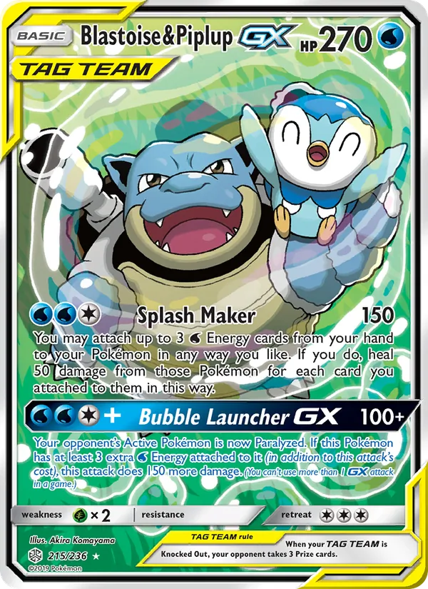 Blastoise & Piplup GX card from Cosmic Eclipse, number 215/236