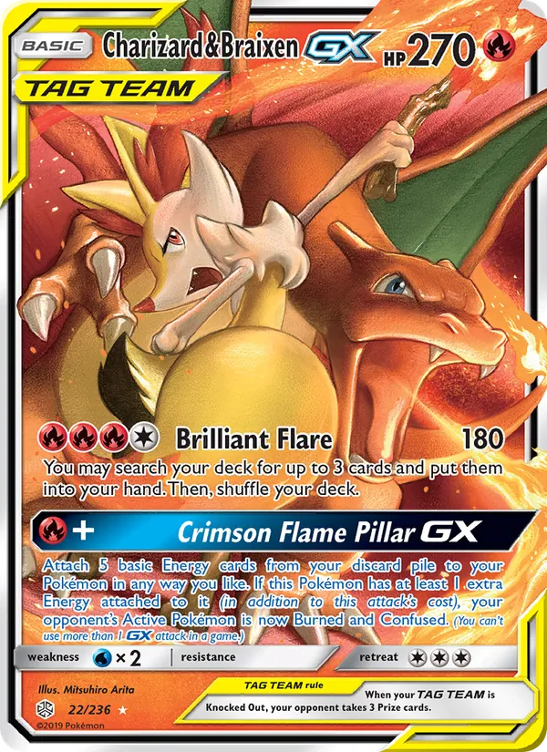 Charizard & Braixen GX card from Cosmic Eclipse, number 22/236