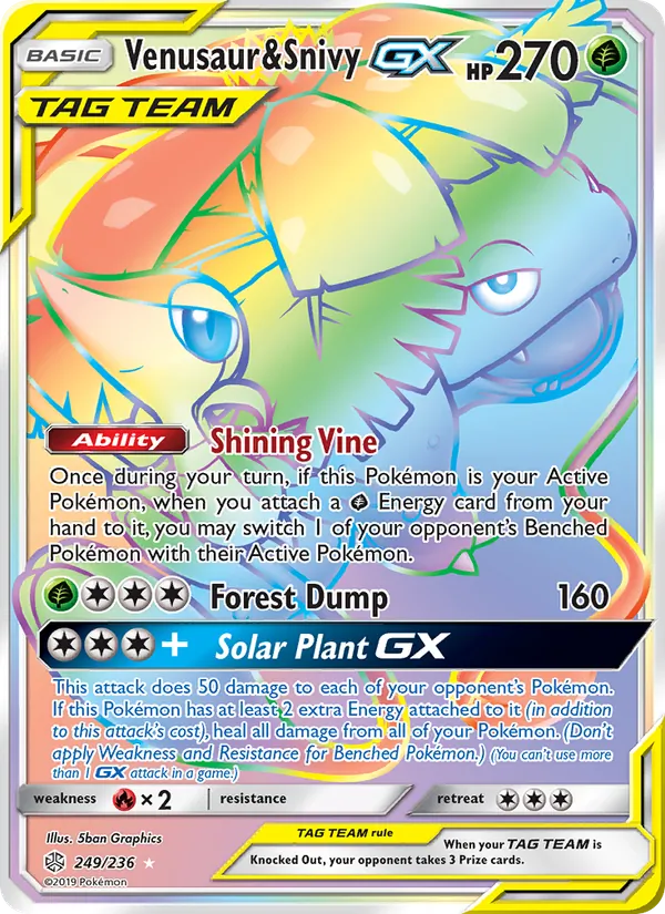 Venusaur & Snivy GX card from Cosmic Eclipse, number 249/236