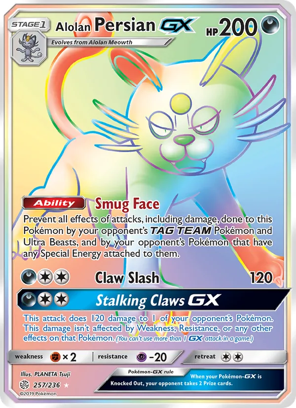 Alolan Persian GX card from Cosmic Eclipse, number 257/236