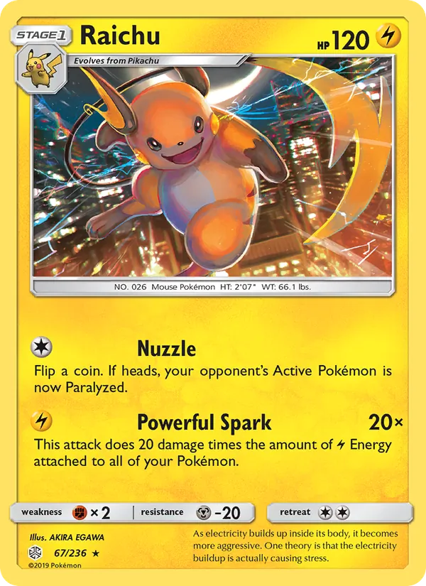Raichu card from Cosmic Eclipse, number 67/236