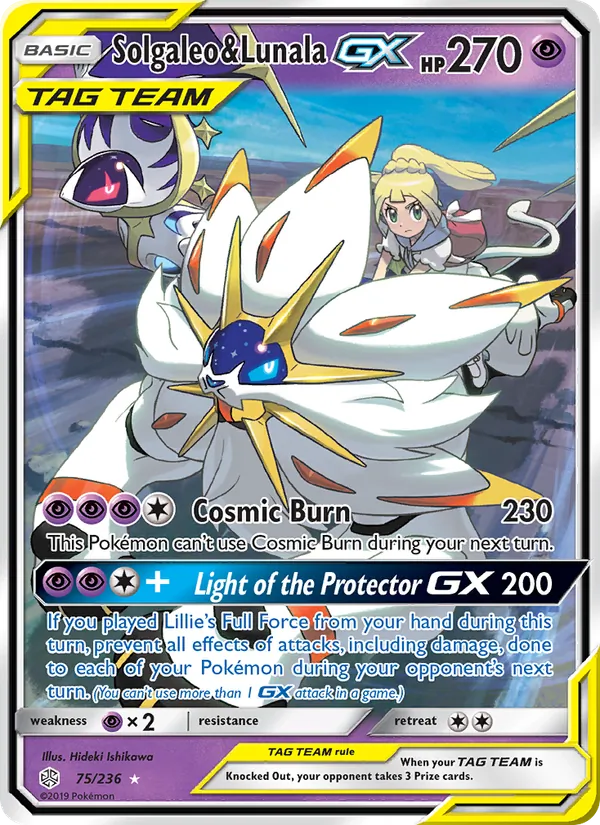 Solgaleo & Lunala GX card from Cosmic Eclipse, number 75/236