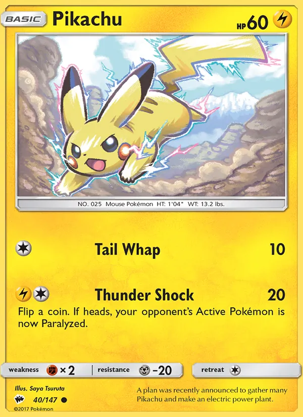 Kaart Pikachu uit Burning Shadows, nummer 40/147