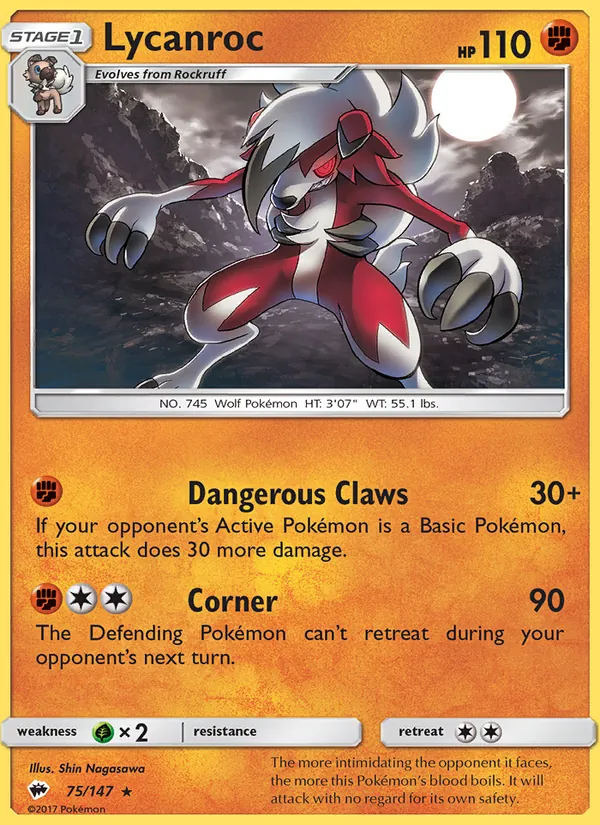 Kaart Lycanroc uit Burning Shadows, nummer 75/147