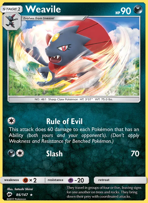 Kartu Weavile dari Burning Shadows, nomor 86/147
