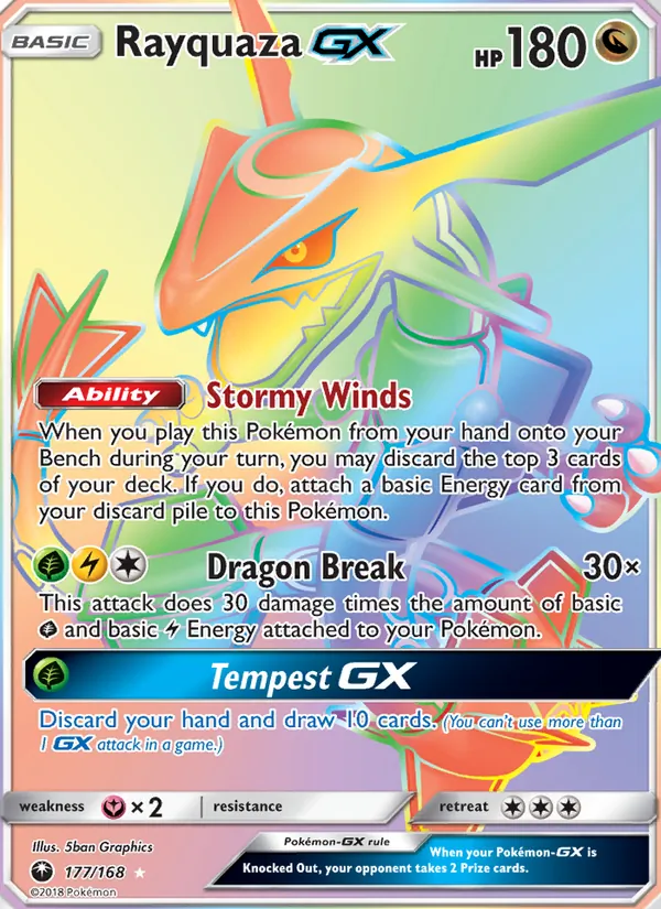 Rayquaza GX card from Celestial Storm, number 177/168