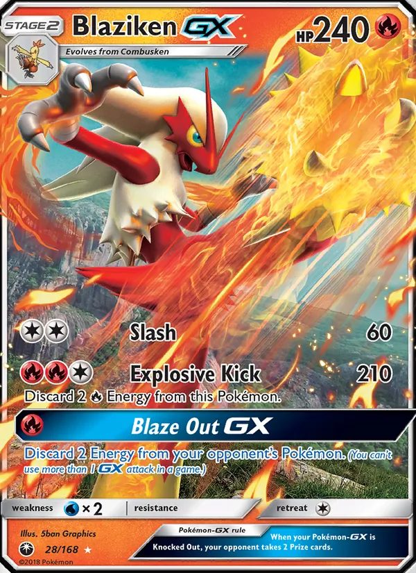 Blaziken GX card from Celestial Storm, number 28/168