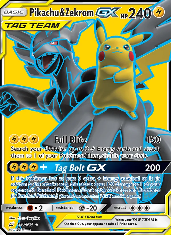 Pikachu & Zekrom GX card from Team Up, number 162/181