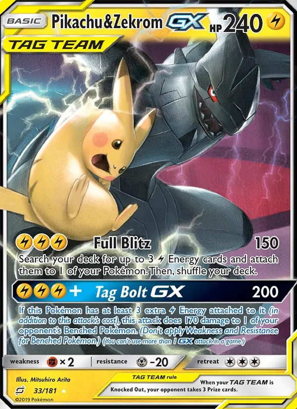 Pikachu & Zekrom GX card from Team Up, number 33/181