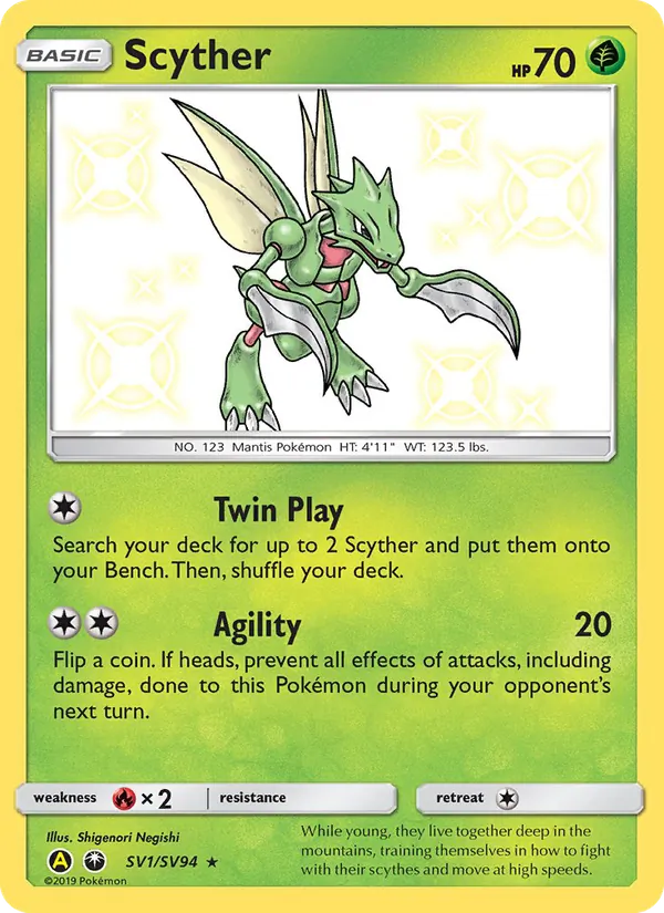 Scyther card from Hidden Fates Shiny Vault, number SV1/94