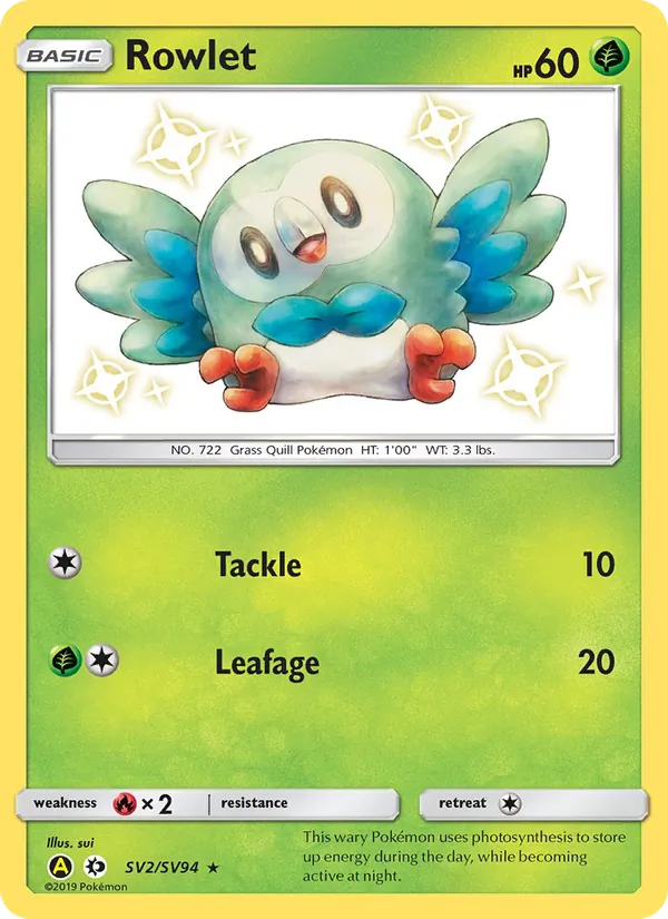 Rowlet card from Hidden Fates Shiny Vault, number SV2/94