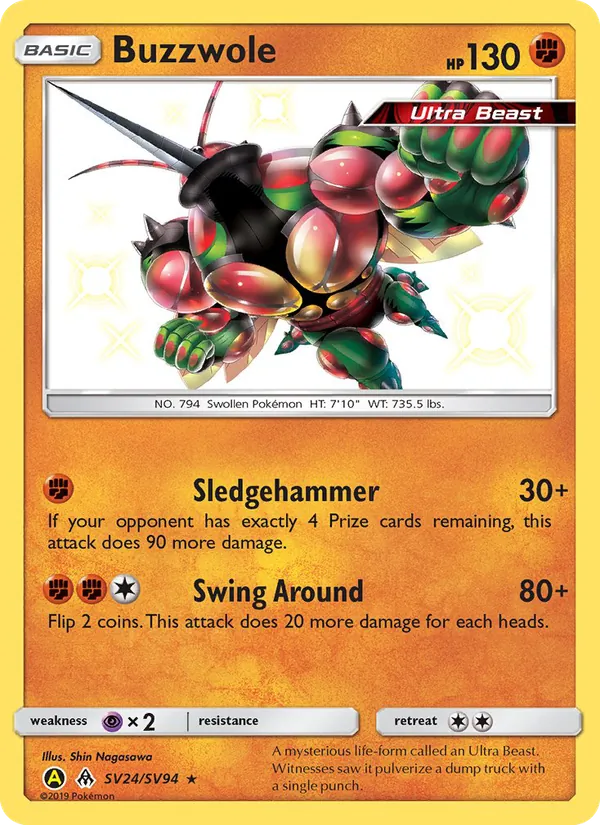 Buzzwole card from Hidden Fates Shiny Vault, number SV24/94