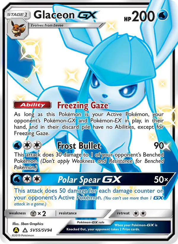 Glaceon-GX card from Hidden Fates Shiny Vault, number SV55/94