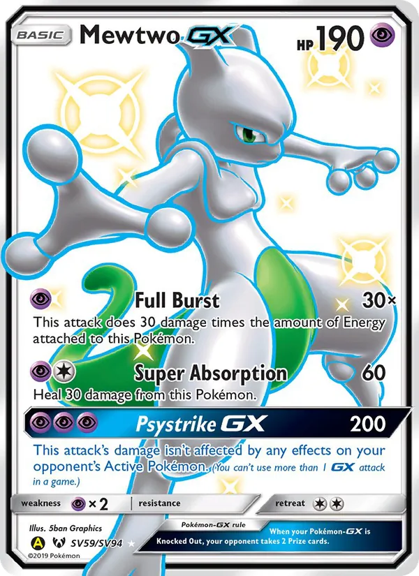 Mewtwo-GX card from Hidden Fates Shiny Vault, number SV59/94