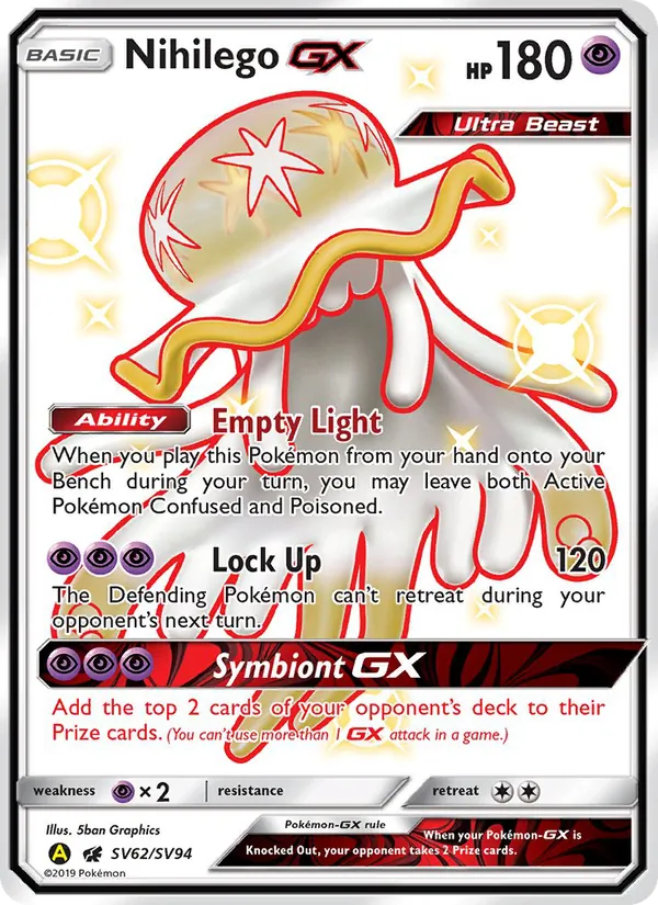 Nihilego-GX card from Hidden Fates Shiny Vault, number SV62/94