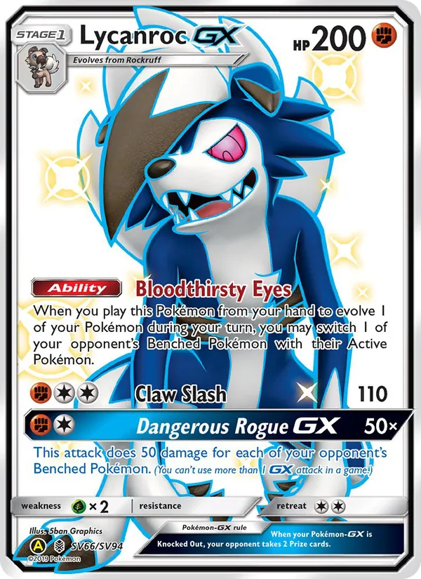 Lycanroc-GX card from Hidden Fates Shiny Vault, number SV66/94