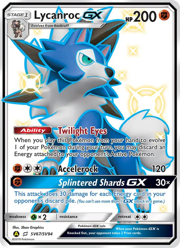Lycanroc-GX card from Hidden Fates Shiny Vault, number SV67/94