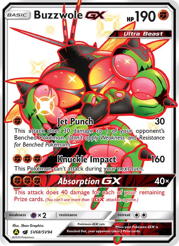 Buzzwole-GX card from Hidden Fates Shiny Vault, number SV68/94