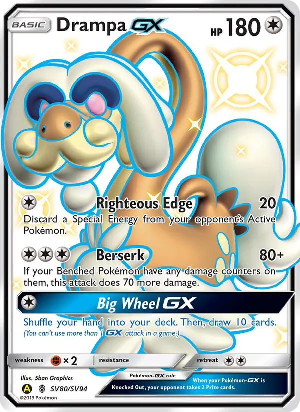 Drampa-GX card from Hidden Fates Shiny Vault, number SV80/94