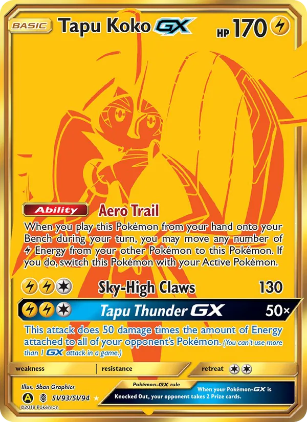 Tapu Koko-GX card from Hidden Fates Shiny Vault, number SV93/94