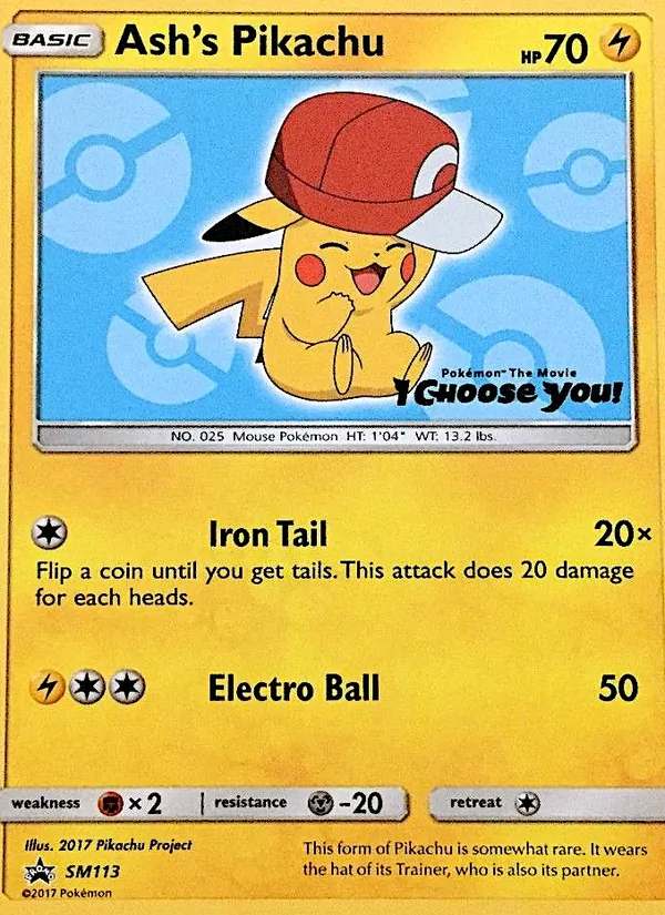 Ash's Pikachu card from SM Black Star Promos, number SM113/248