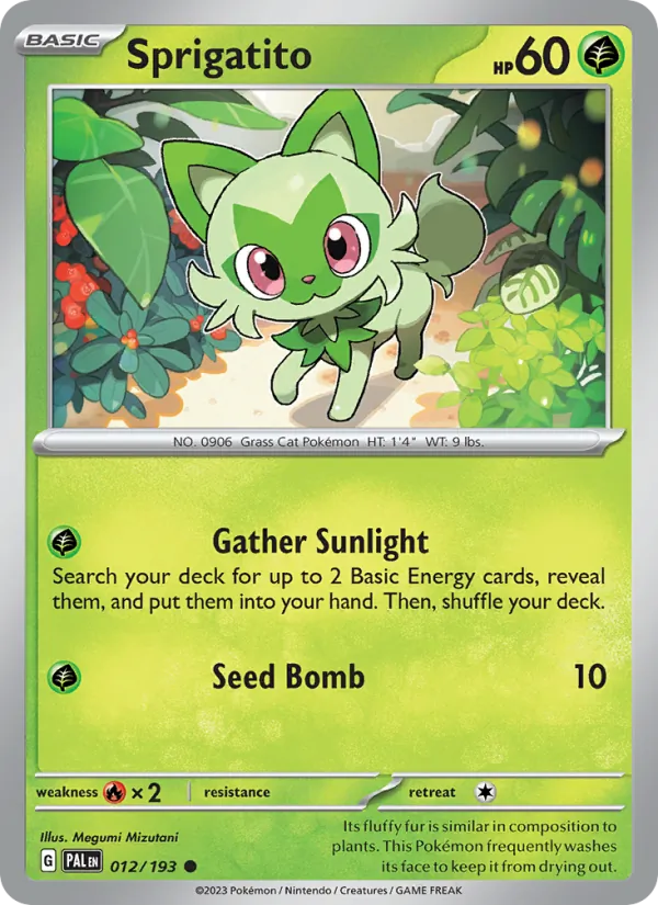 Kartu Sprigatito dari Paldea Evolved, nomor 012/193
