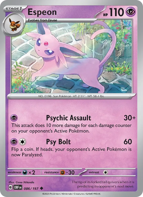 Kartu Espeon dari Obsidian Flames, nomor 086/197