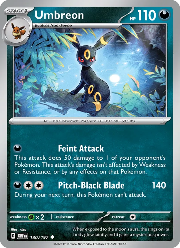 Kartu Umbreon dari Obsidian Flames, nomor 130/197