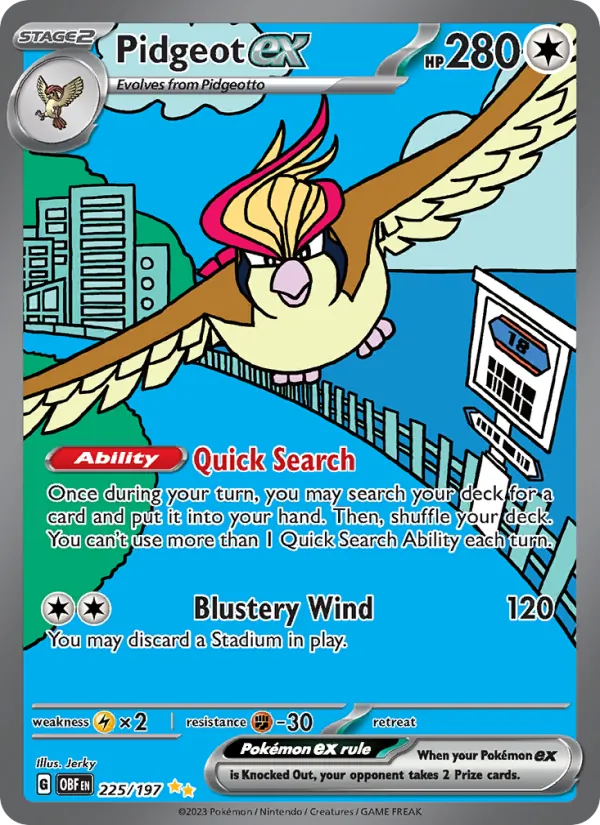 Pidgeot ex card from Obsidian Flames, number 225/197