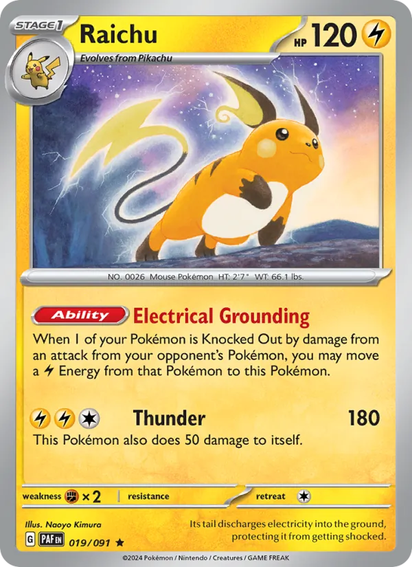 Kaart Raichu uit Paldean Fates, nummer 019/91
