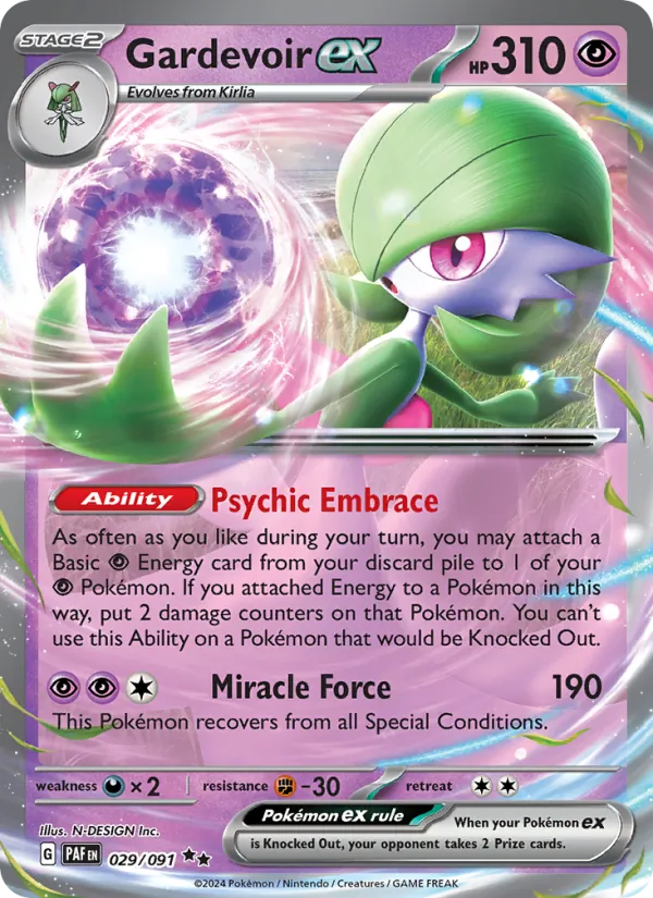 Kartu Gardevoir ex dari Paldean Fates, nomor 029/91