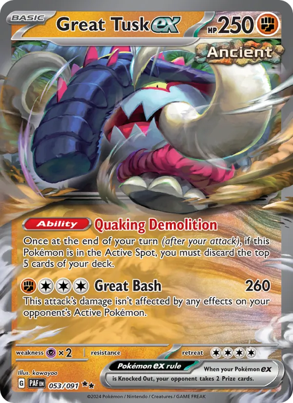 Kartu Great Tusk ex dari Paldean Fates, nomor 053/91