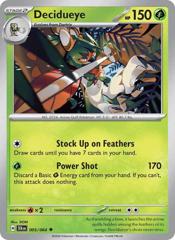 Decidueye card from Shrouded Fable, number 005/64