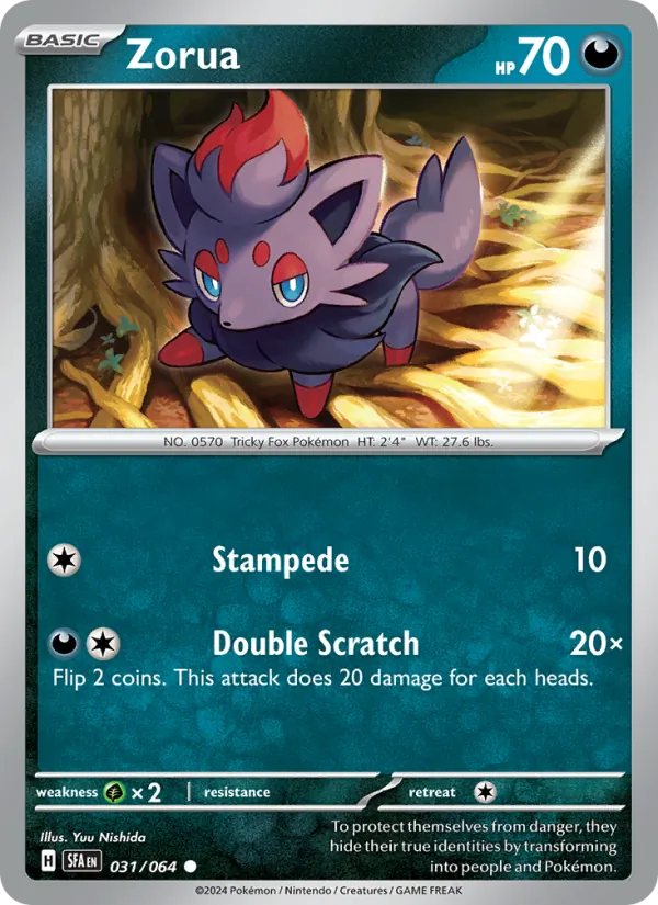 Kartu Zorua dari Shrouded Fable, nomor 031/64