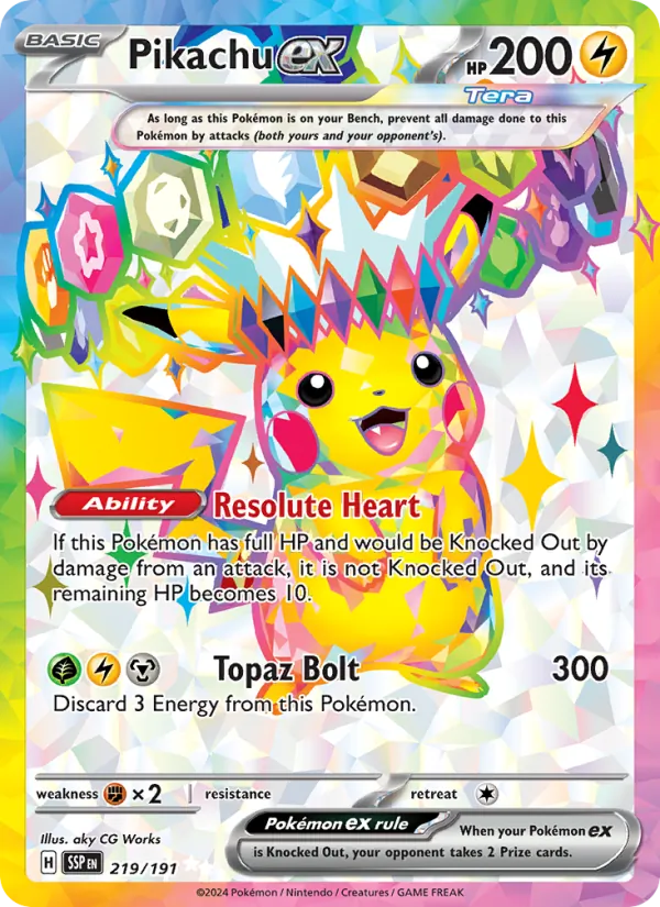 Pikachu ex card from Surging Sparks, number 219/191