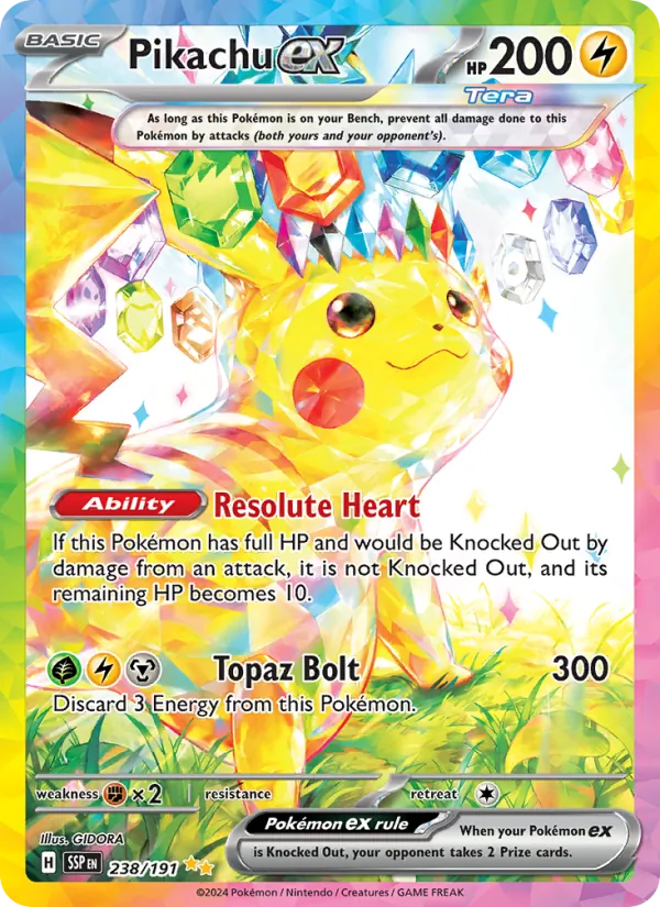 Pikachu ex card from Surging Sparks, number 238/191