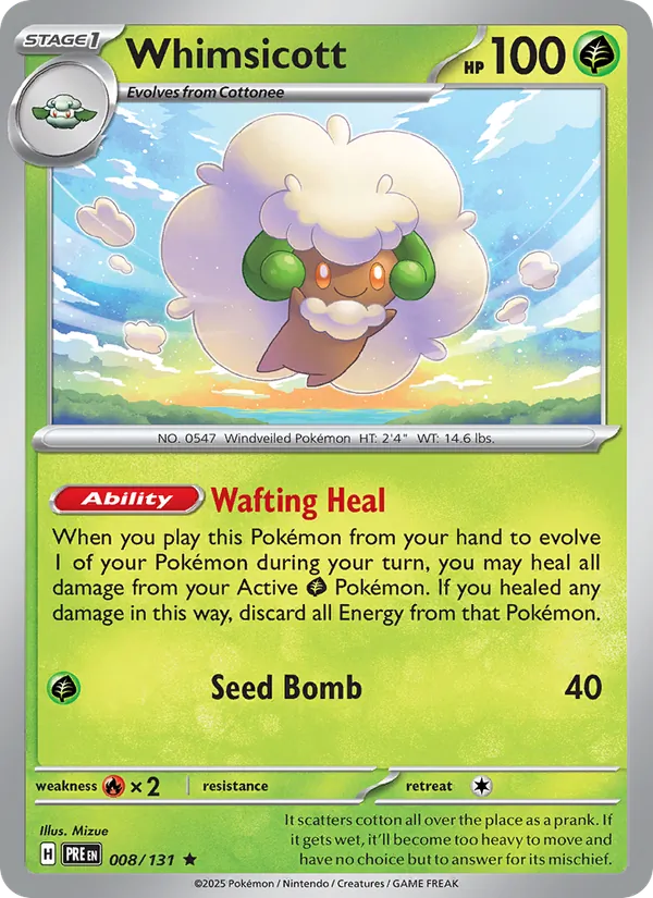 Kartu Whimsicott dari Prismatic Evolutions, nomor 008/131
