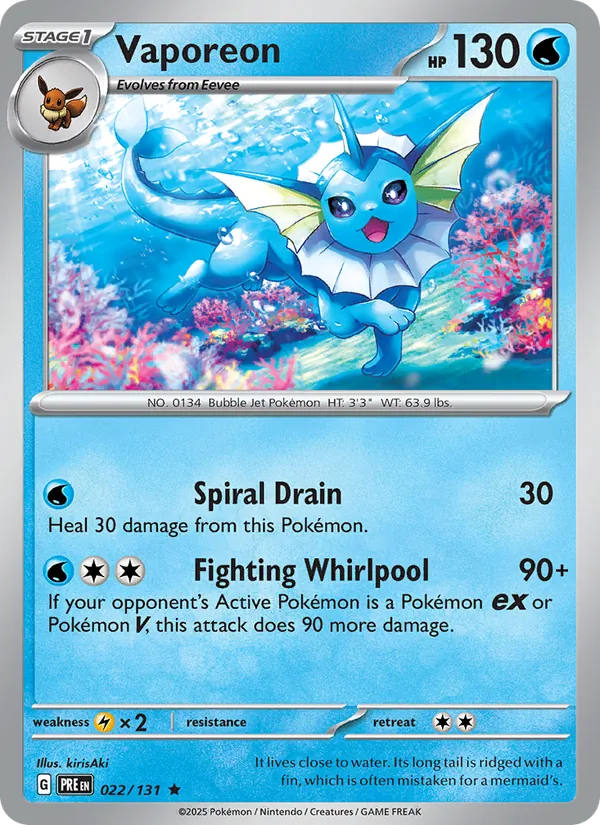 Kartu Vaporeon dari Prismatic Evolutions, nomor 022/131
