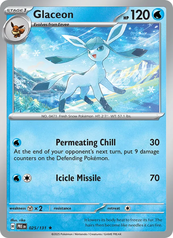 Kartu Glaceon dari Prismatic Evolutions, nomor 025/131