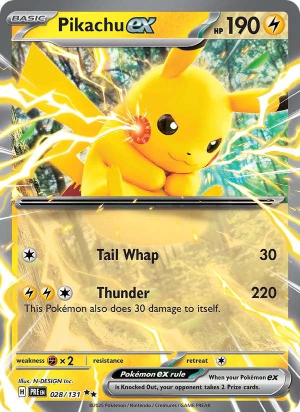 Kartu Pikachu ex dari Prismatic Evolutions, nomor 028/131