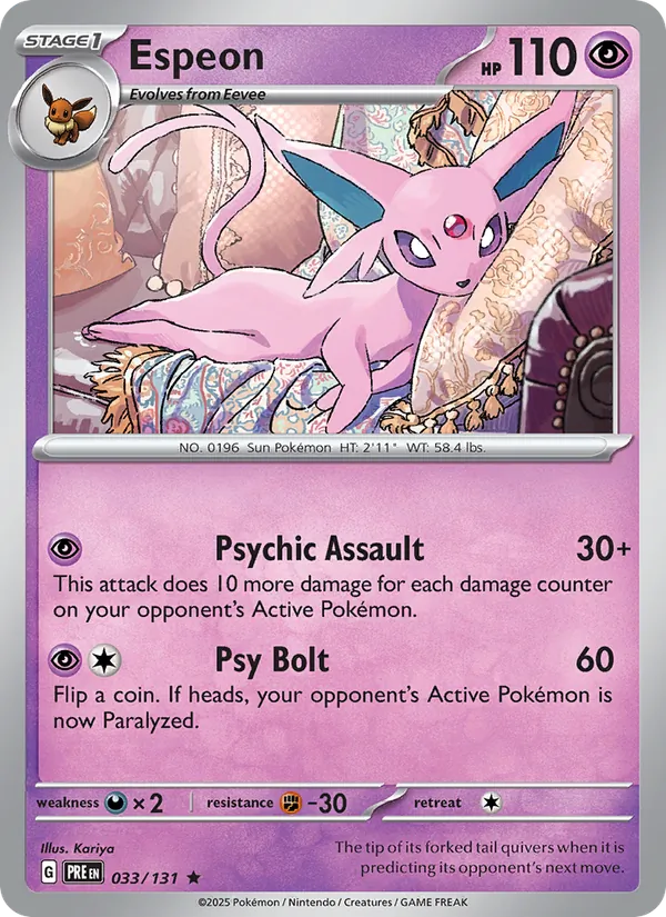 Kartu Espeon dari Prismatic Evolutions, nomor 033/131
