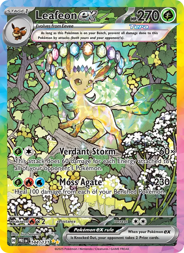 Leafeon ex card from Prismatic Evolutions, number 144/131