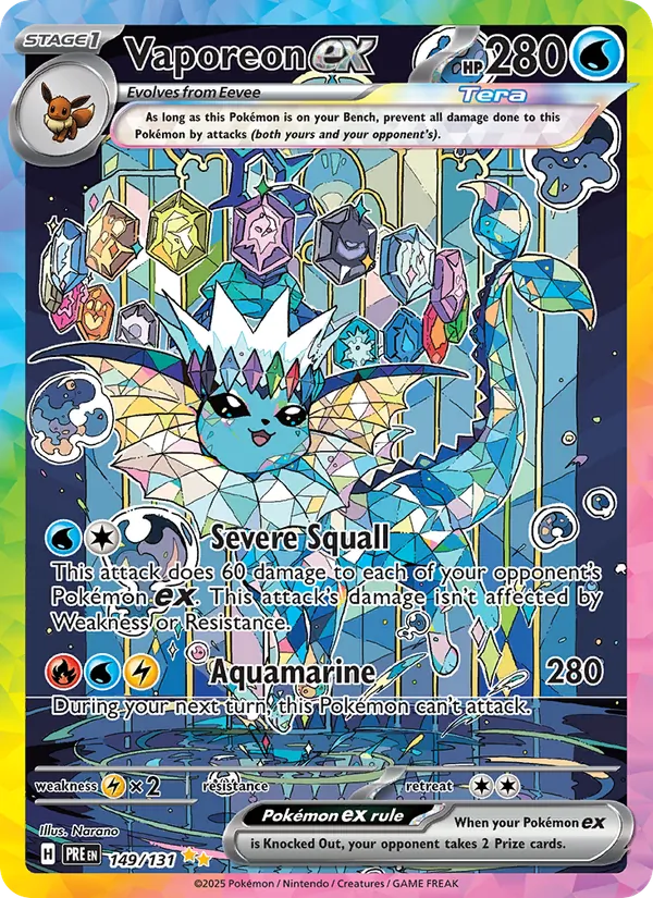 Vaporeon ex card from Prismatic Evolutions, number 149/131