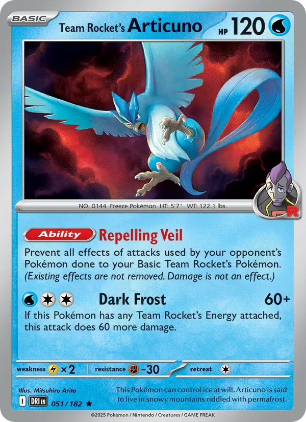 Team Rocket's Articuno card from Destined Rivals, number 051/182