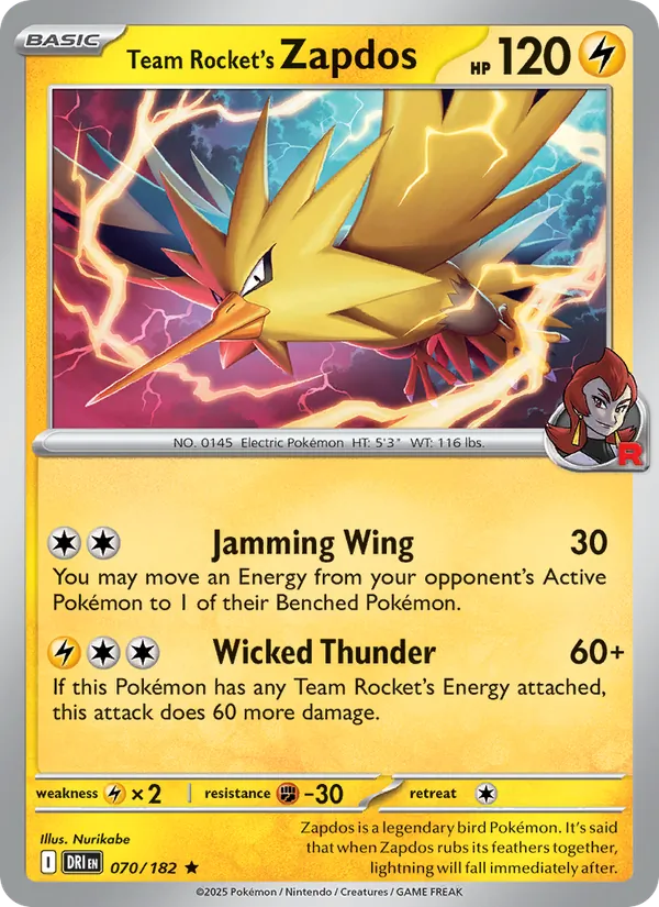 Team Rocket's Zapdos card from Destined Rivals, number 070/182