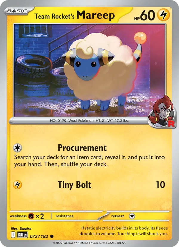 Team Rocket's Mareep card from Destined Rivals, number 072/182