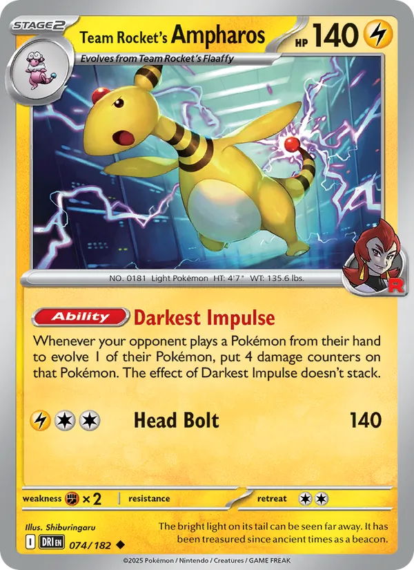 Team Rocket's Ampharos card from Destined Rivals, number 074/182