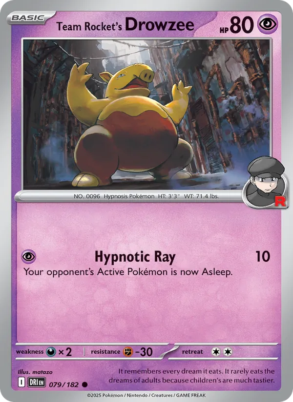 Team Rocket's Drowzee card from Destined Rivals, number 079/182