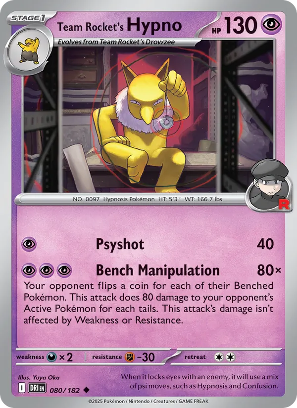 Team Rocket's Hypno card from Destined Rivals, number 080/182