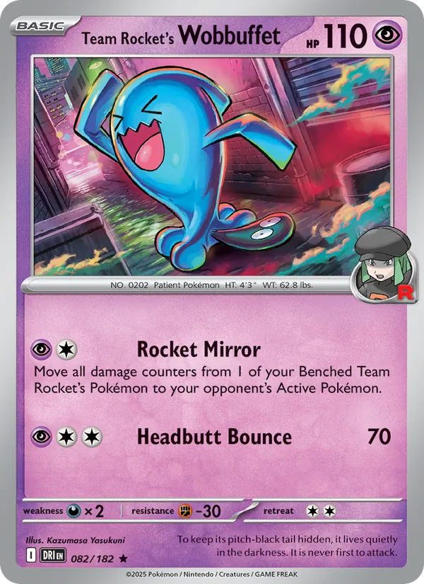 Team Rocket's Wobbuffet card from Destined Rivals, number 082/182